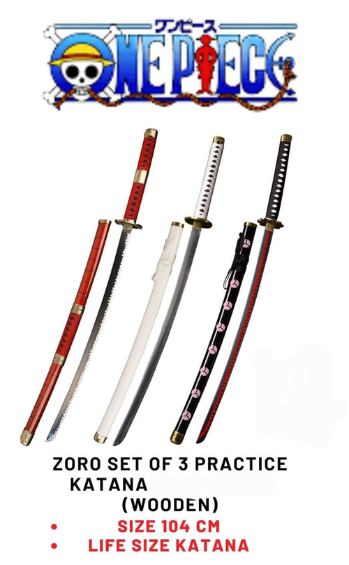 Roronoa Zoro Set of 3 Practice Wooden Katana Sword - No COD Allowed On This Product - Prepaid Orders Only
