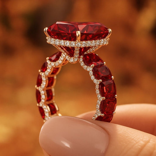Auréla Luxury Ruby Radiant Cut Pave Halo Ring